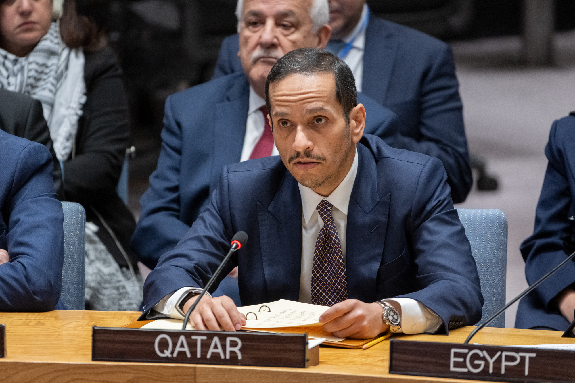 الشيخ محمد بن عبد الرحمن آل ثاني متحدثا أمس أمام مجلس الأمن الدولي