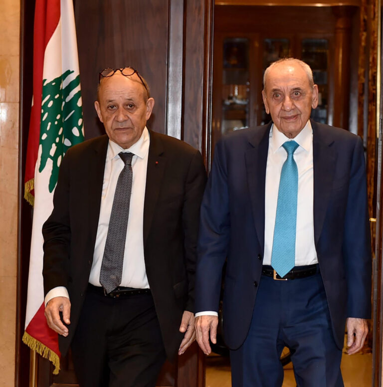 الموفد الفرنسي جان-ايف لودريان ورئيس المجلس النيابي نبيه بري في عين التينة