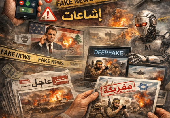 ملصق تعبيري عن الاخبار المضللة من انتاج الذكاء الاصطناعي