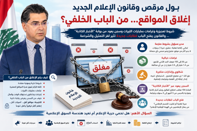وهنا تحديداً يكمن الخطر الأكبر في قانون الإعلام الجديد: أن ينتقل لبنان من مرحلة إعلام فوضوي ومتعدد، بكل عيوبه، إلى مرحلة إعلام أكثر تنظيماً، نعم، لكن أقل تعددية، وأكثر تركّزاً، وأشد قابلية للتأثر بمن يملك المال والنفوذ.